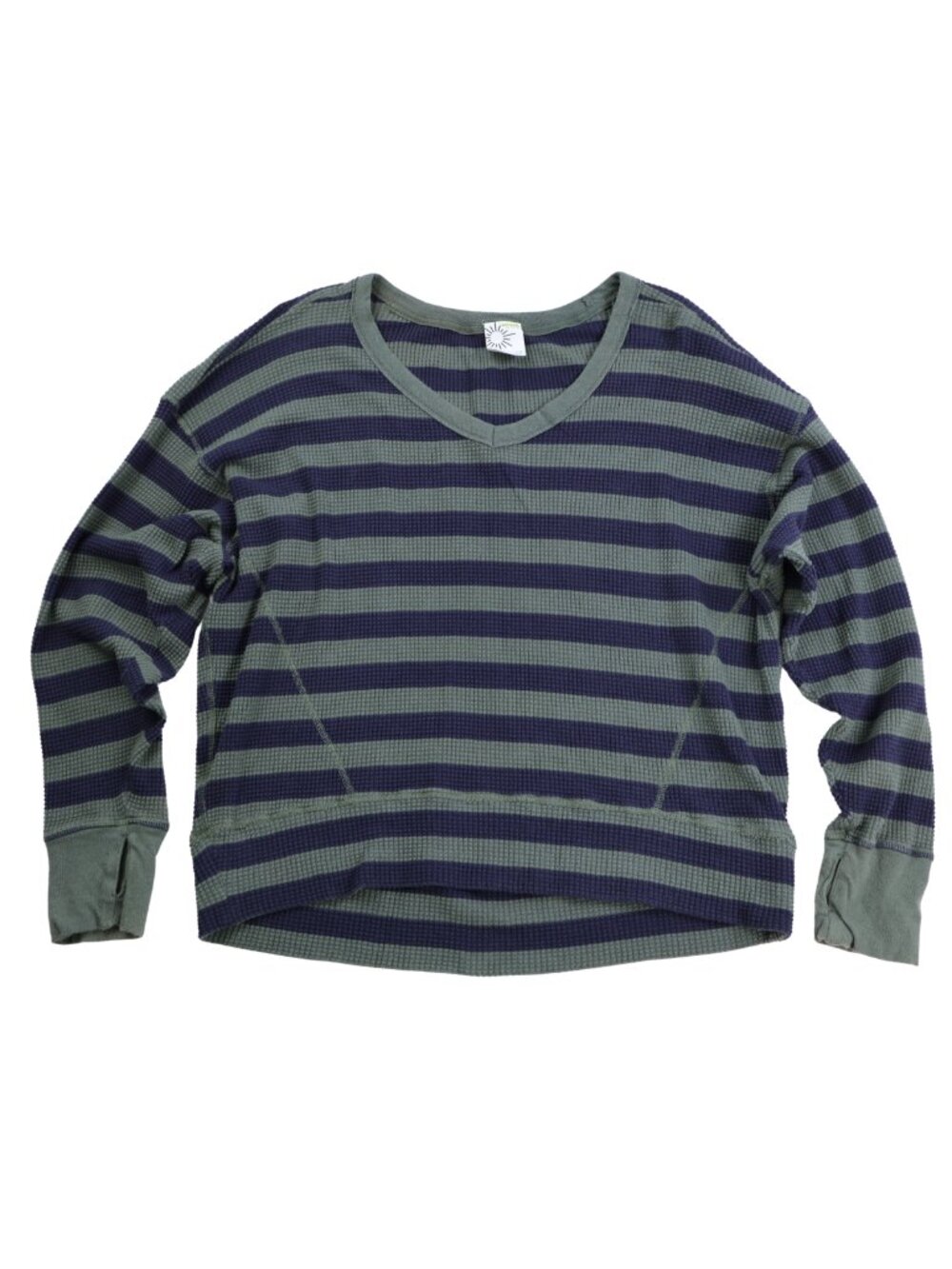 OFFLINE by Aerie Olive Green Blue Striped Waffle Knit Top Size Small